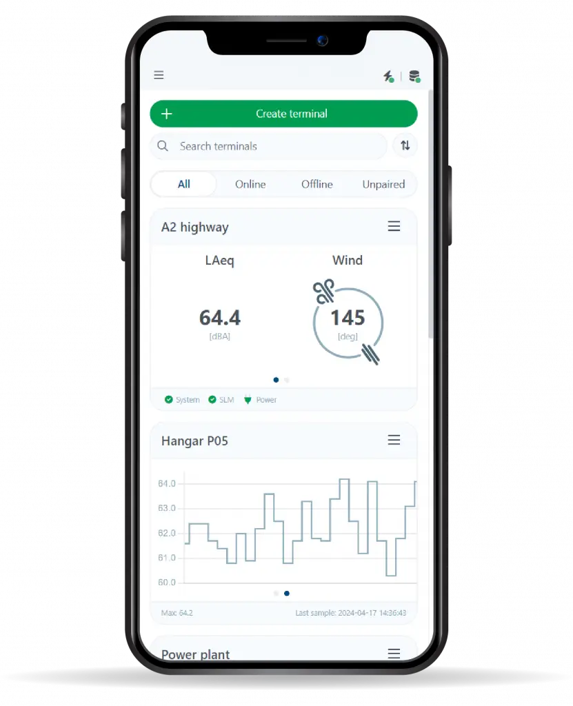 Noise Guard UI mobile interface displaying real-time noise monitoring data, including sound levels (LAeq) and wind direction. Designed for managing noise measurement terminals with live data visualization, system status indicators, and historical trend analysis.